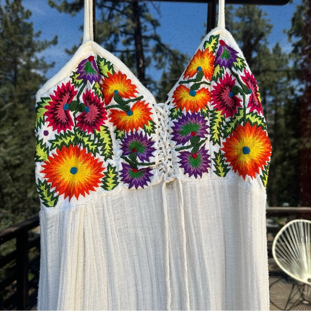 White Embroidered Spaghetti Strap Maxi Dress with Bright Floral Detail